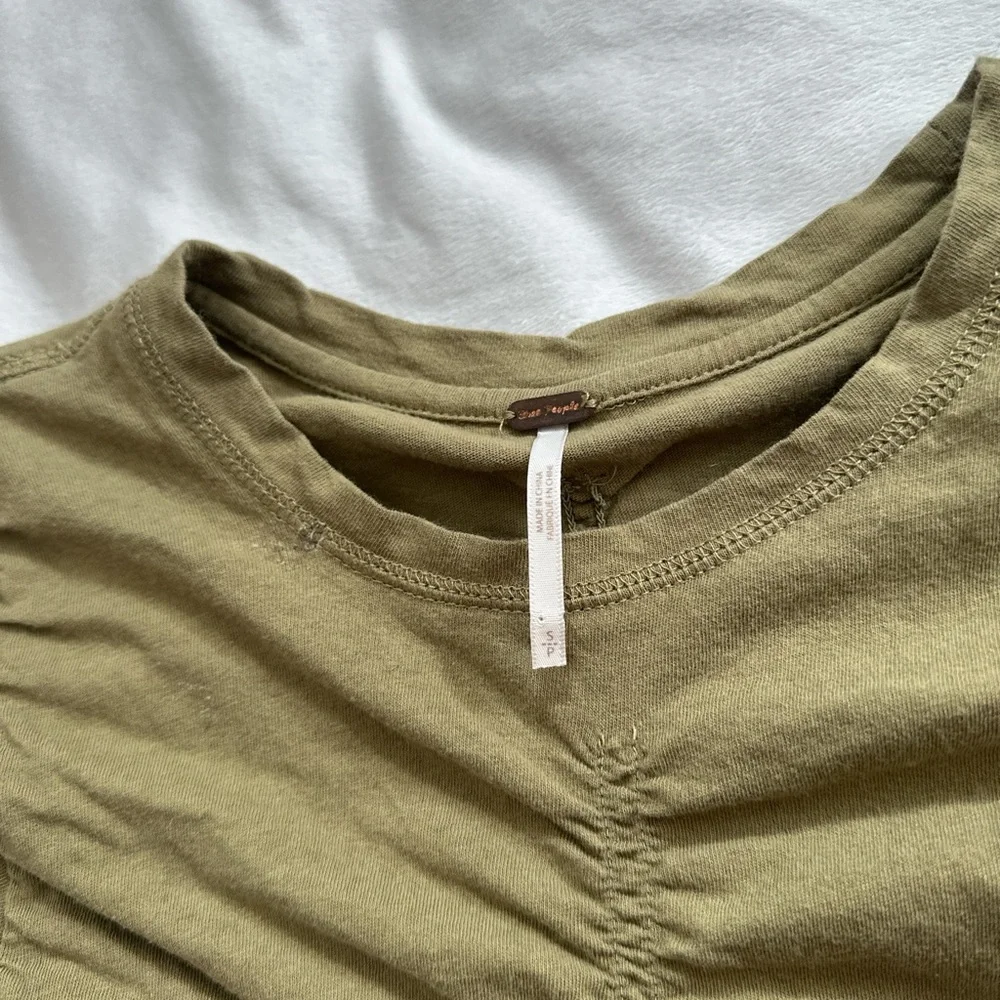 Free People Olive Green Ruched Puff Sleeve Top
